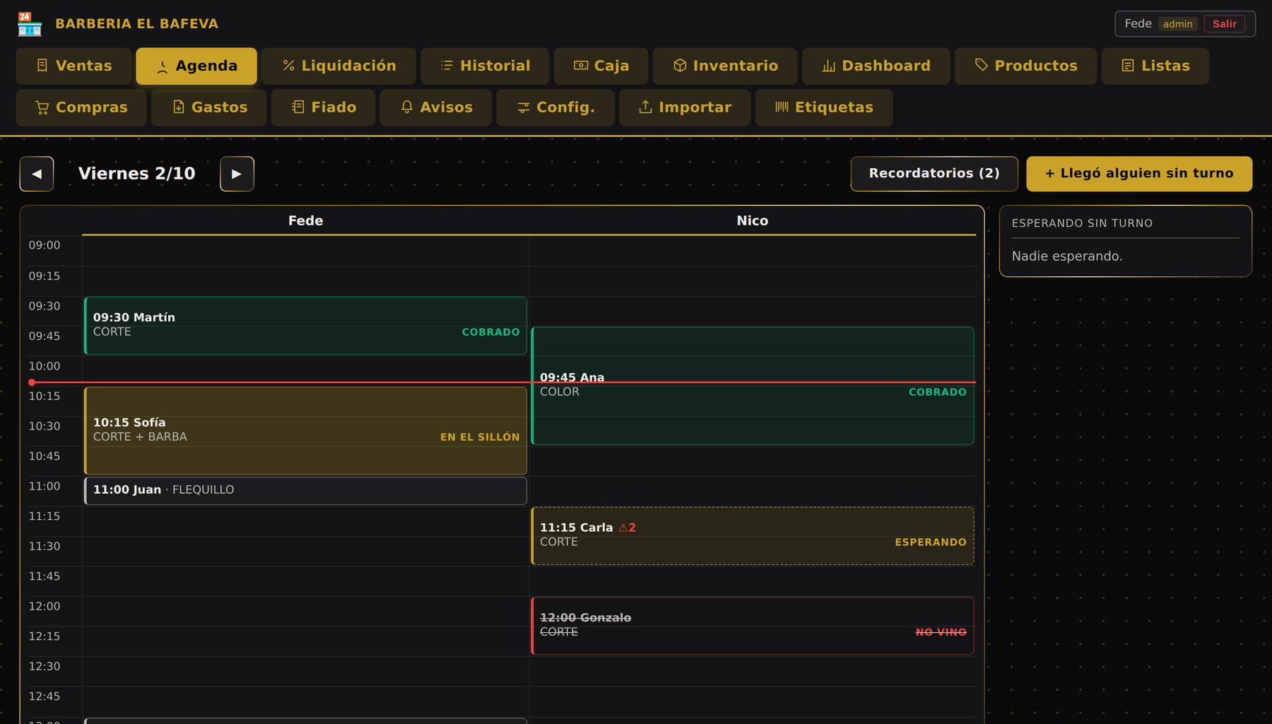 Agenda del día con los turnos de dos cortadores y la línea roja de la hora actual
